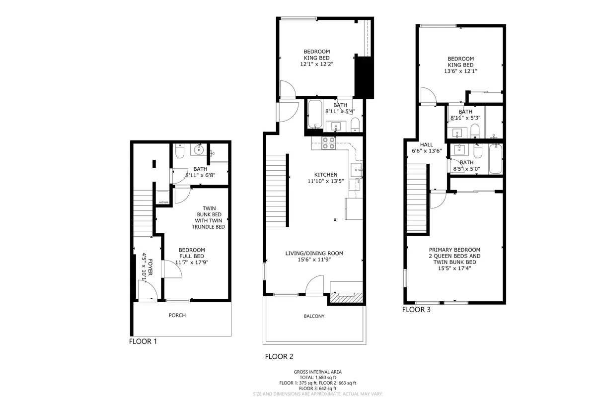 An open-concept kitchen, living, and dining area featuring a large dining table for communal meals, a cozy living room for movie nights, a balcony for morning coffee, and multiple bedrooms visible in the background.